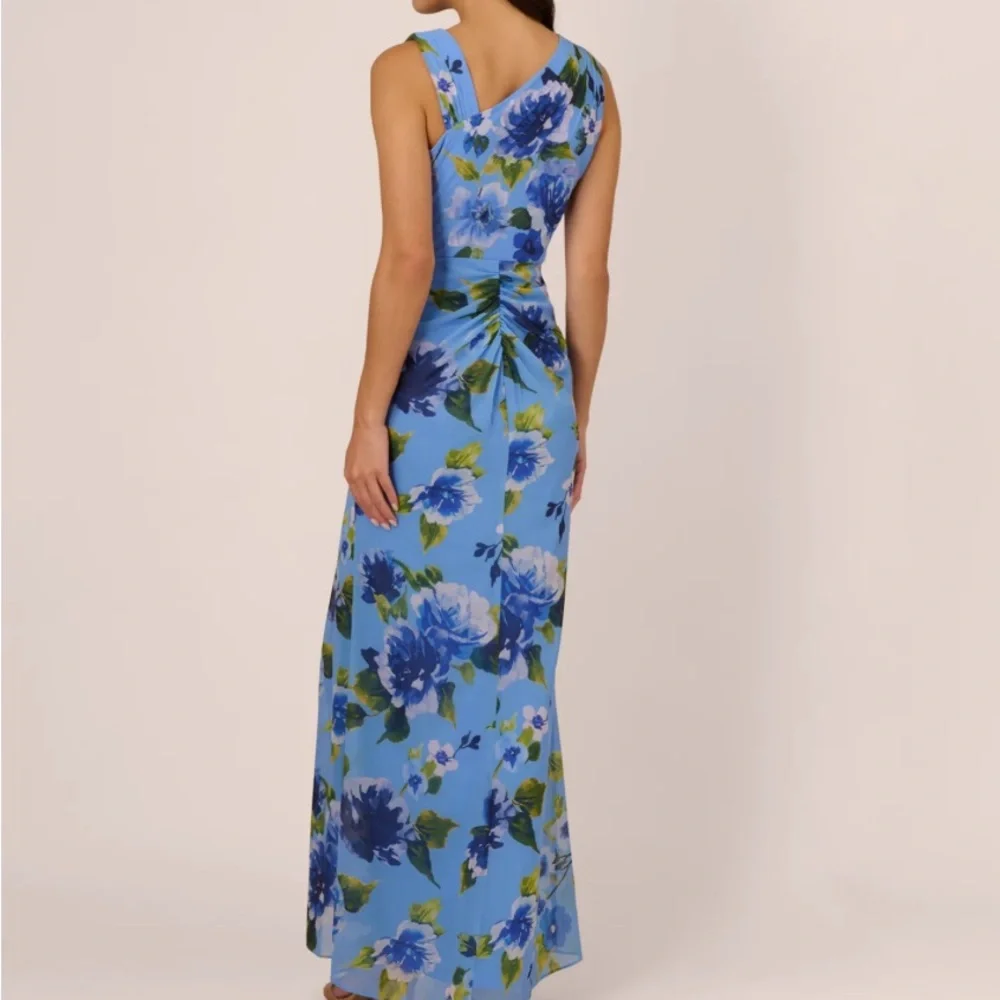Adrianna Papell Asymmetrical Draped Floral Chiffon Gown In Blue Multi - Picture 2 of 2